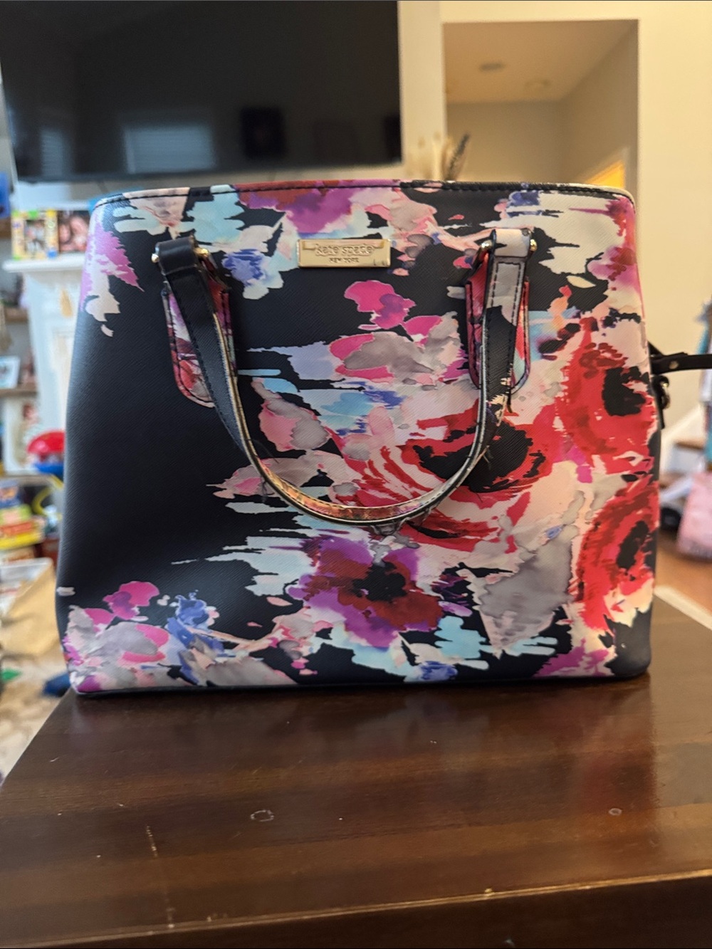 kate spade Black Floral Print Tote with Pink, Purple & Red Accents